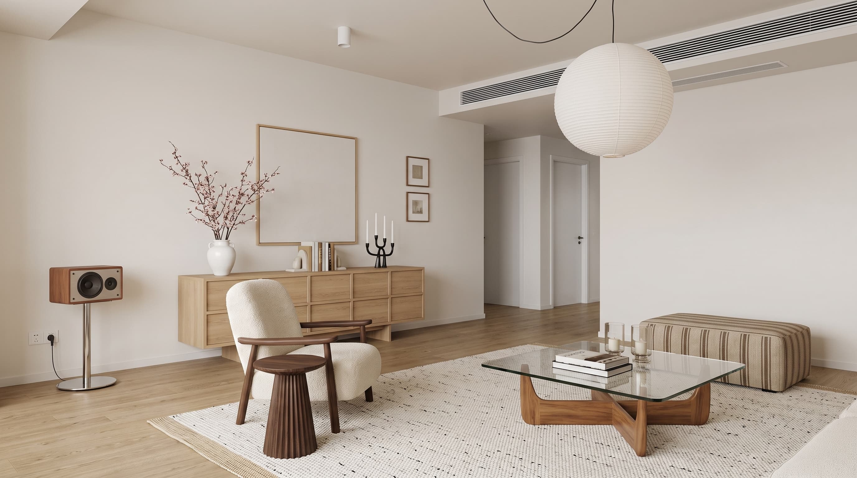 Bright Scandinavian interior featuring pale sand-beige Morante Oak flooring with delicate natural grain and an airy, relaxed atmosphere