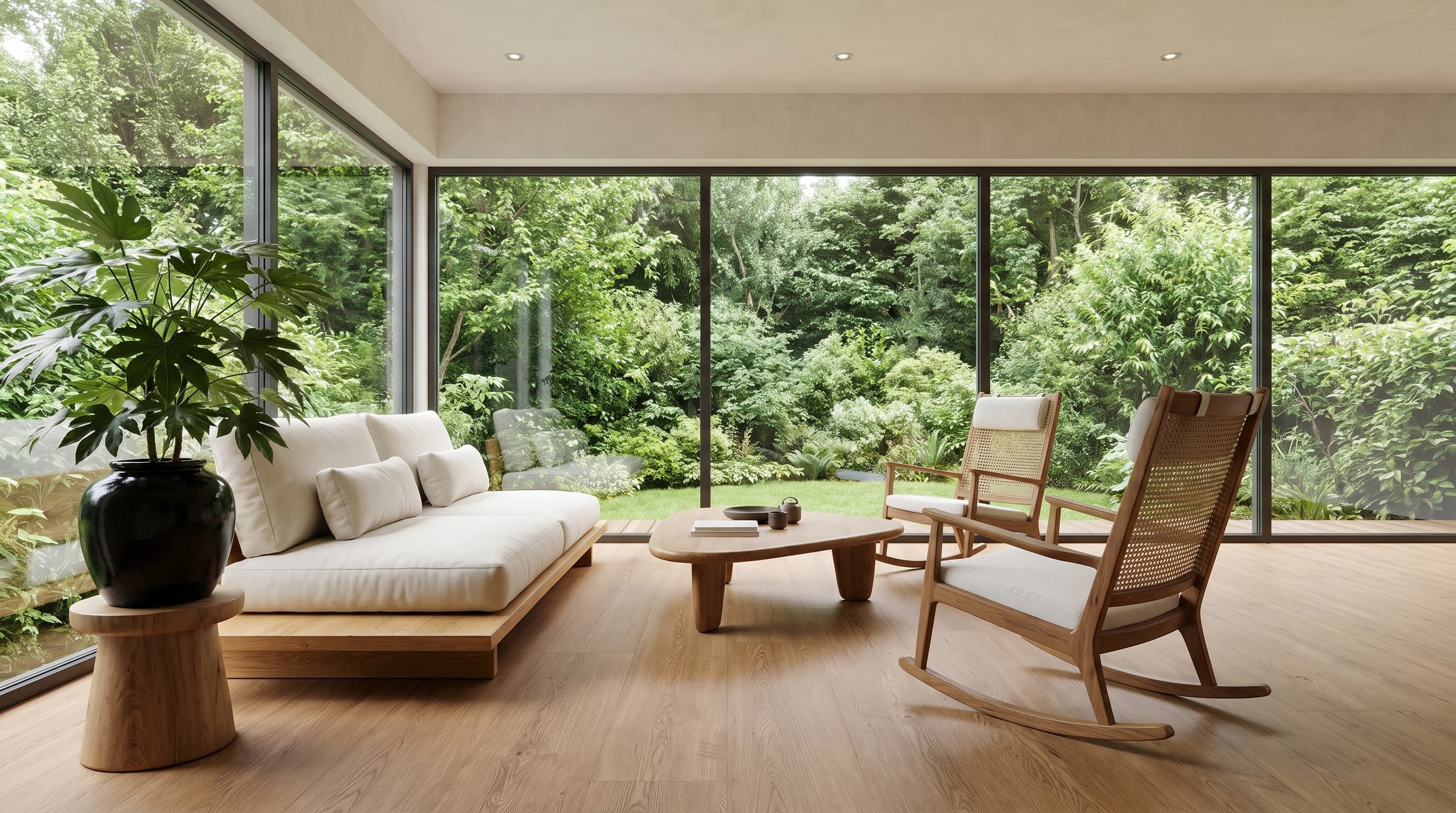 Calm contemporary living room featuring warm taupe-brown Morante Oak flooring with fine natural grain and a softly grounded atmosphere
