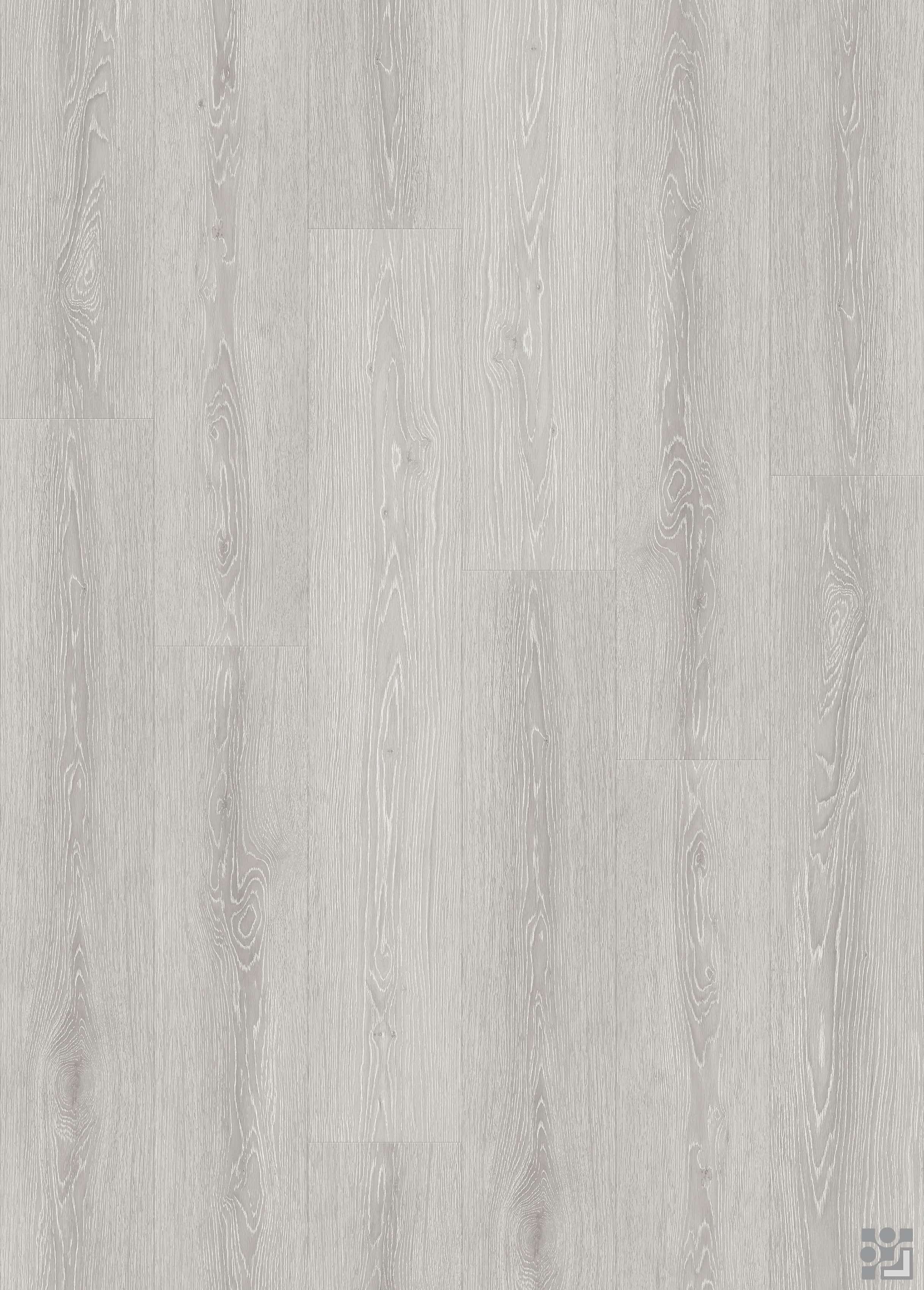 Cool silver-grey Francois Oak flooring decorative paper with crisp white linear grain, elongated cathedral figures and a clean long-plank layout