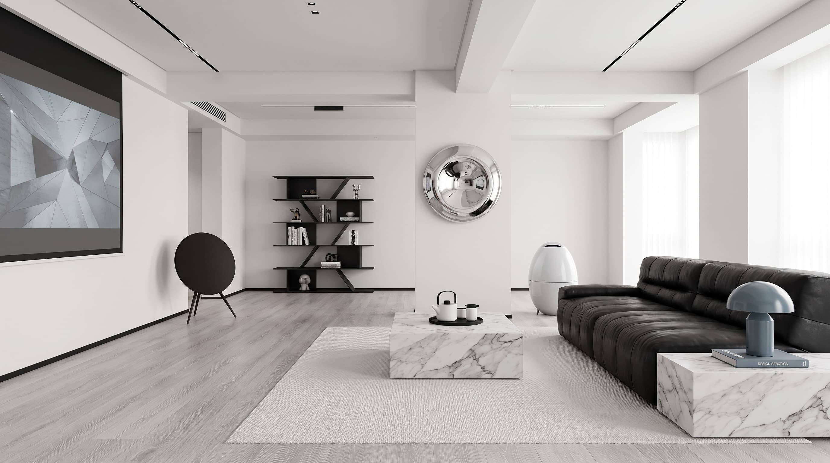 Minimalist contemporary interior featuring cool silver-grey Francois Oak flooring with crisp pale grain and a calm, refined atmosphere