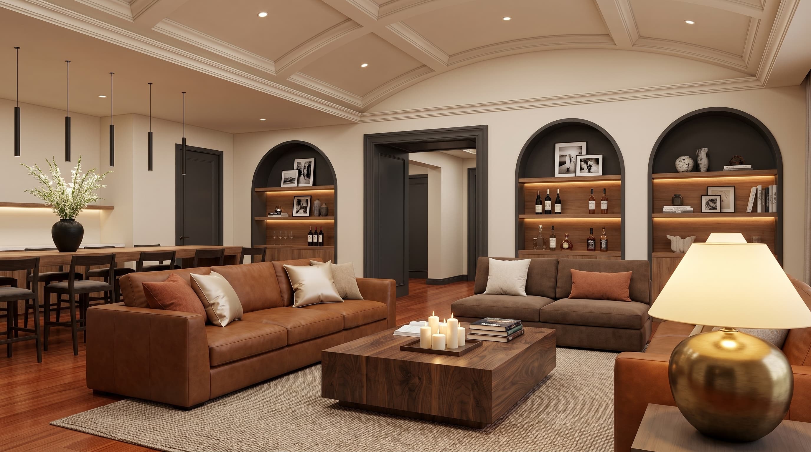 Warm modern interior featuring copper-red Cordilleras Oak flooring with flowing natural grain and a rich, welcoming atmosphere
