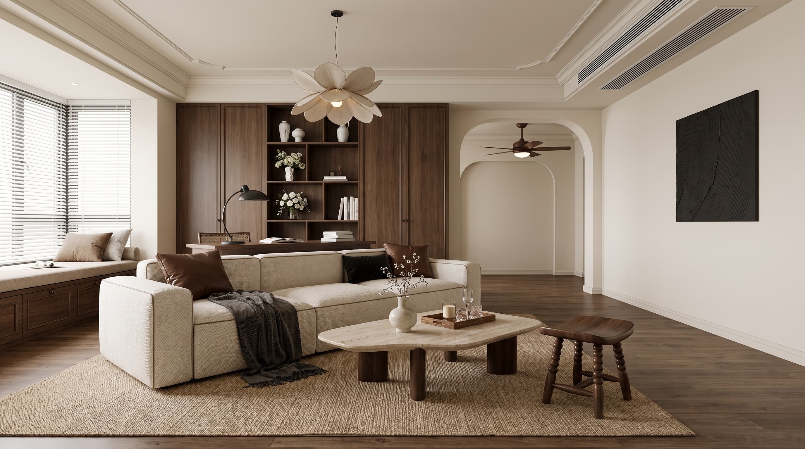 Modern interior featuring Marquez Walnut flooring decorative paper with warm natural walnut wood grain flooring