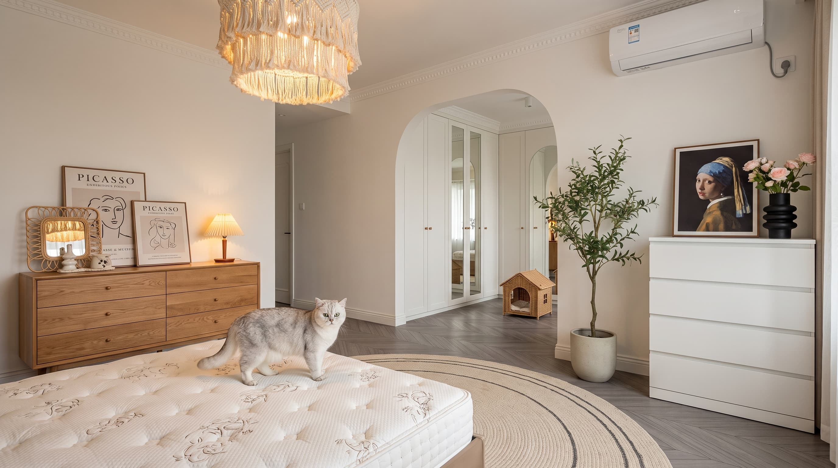 Modern interior with Starry Sky Parquetry flooring featuring soft greige wood tones and elegant chevron geometric design