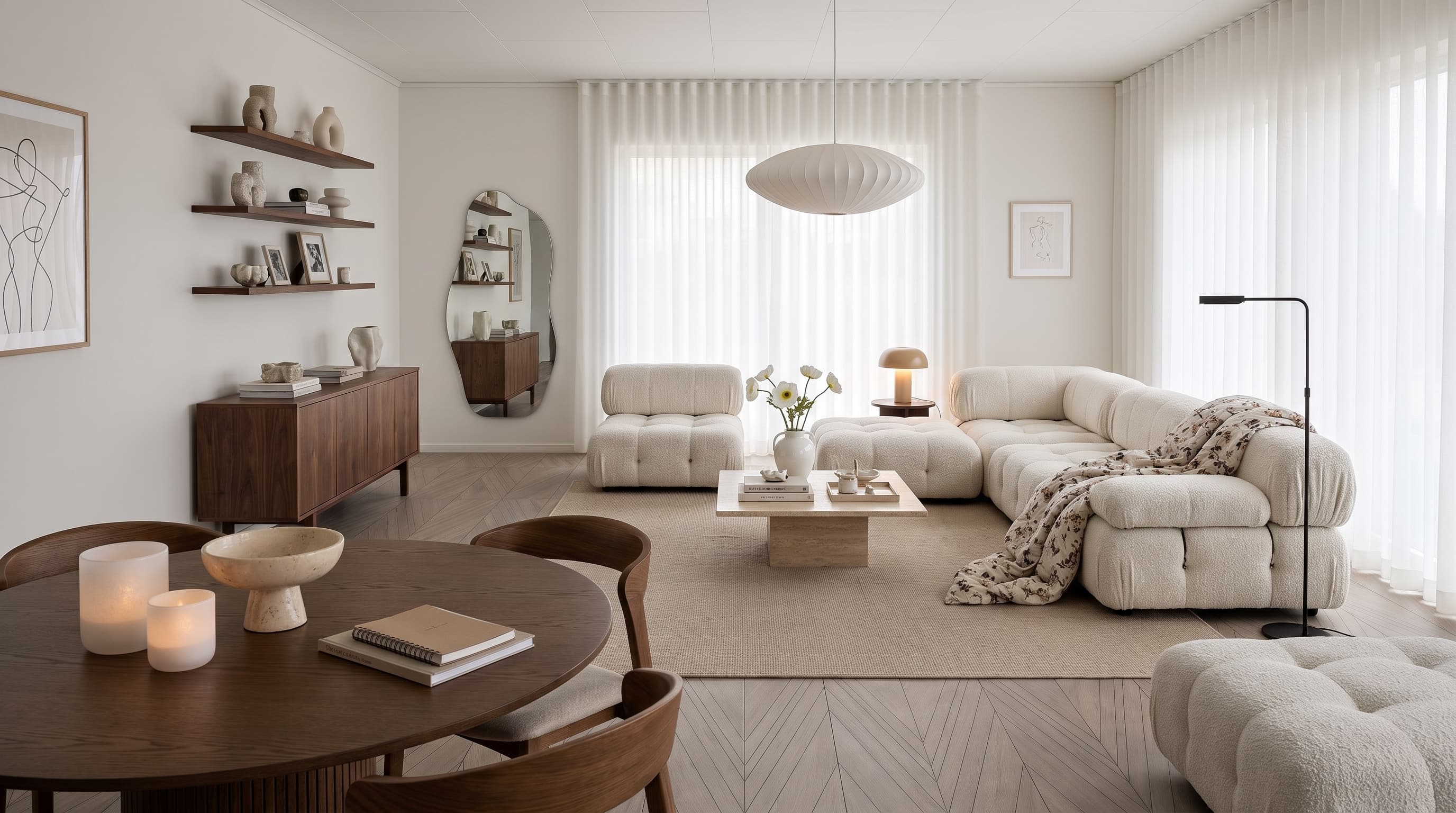 Modern interior with Starry Sky Parquetry flooring featuring soft greige wood tones and elegant chevron geometric design