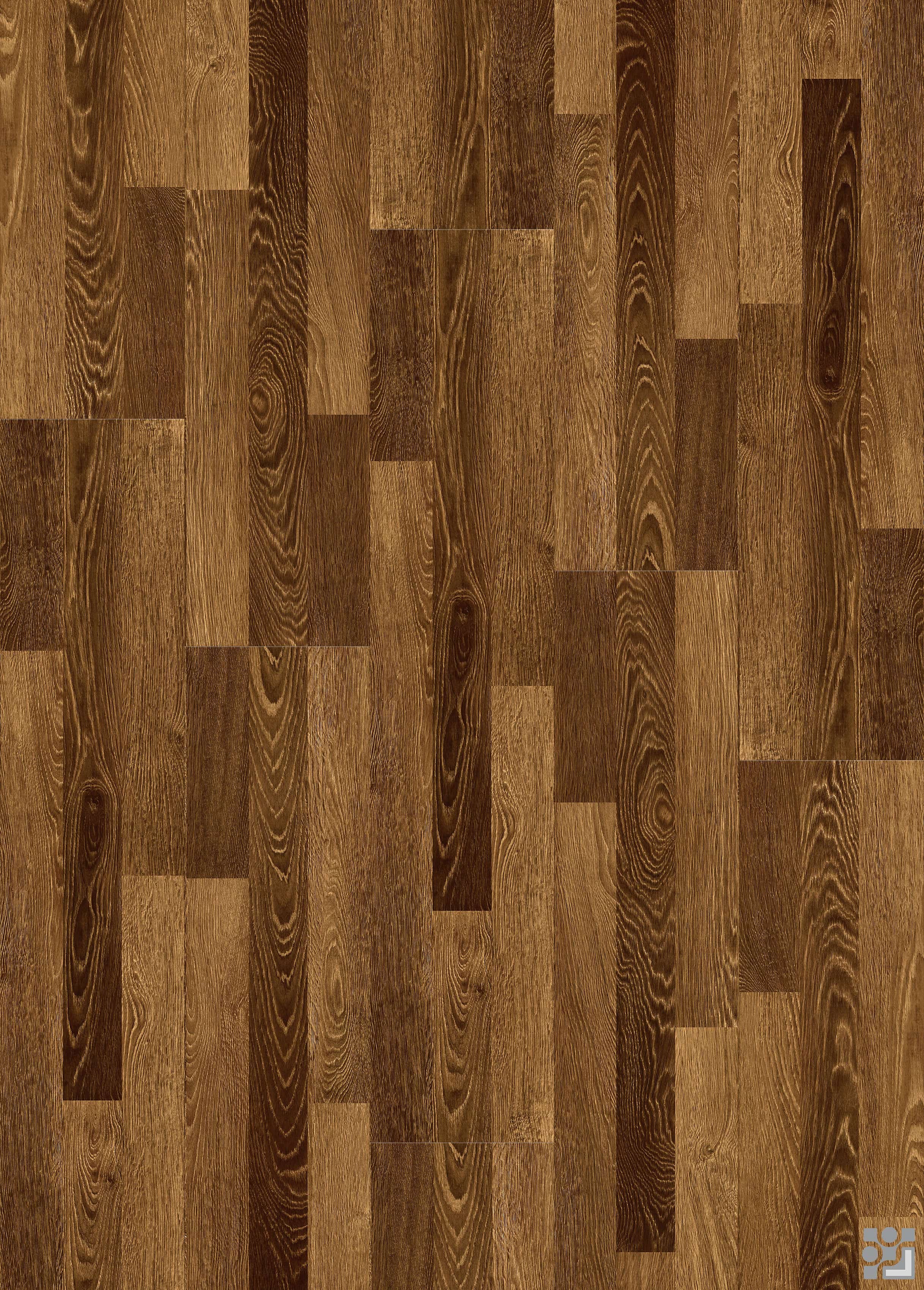Deep tobacco-brown Daniel Oak flooring decorative paper with high-contrast cathedral grain, natural knots and a staggered multi-strip layout