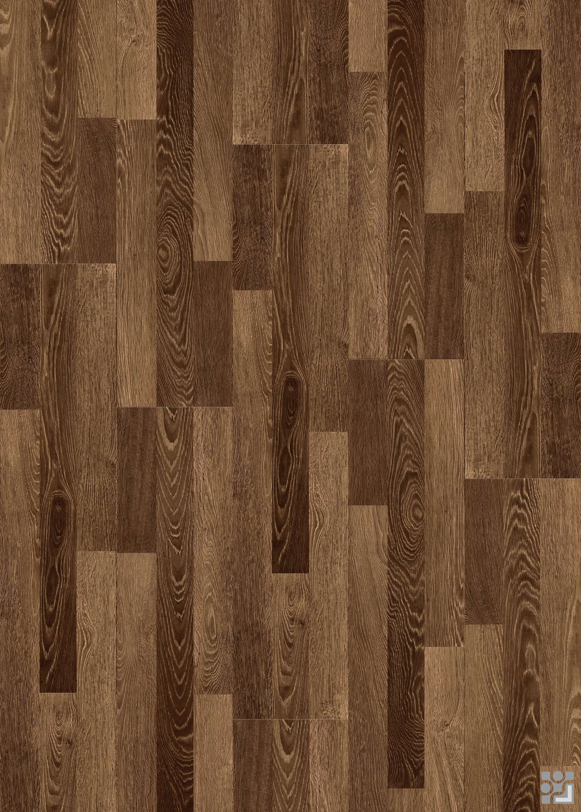 Deep tobacco-brown Daniel Oak flooring decorative paper with high-contrast cathedral grain, natural knots and a staggered multi-strip layout