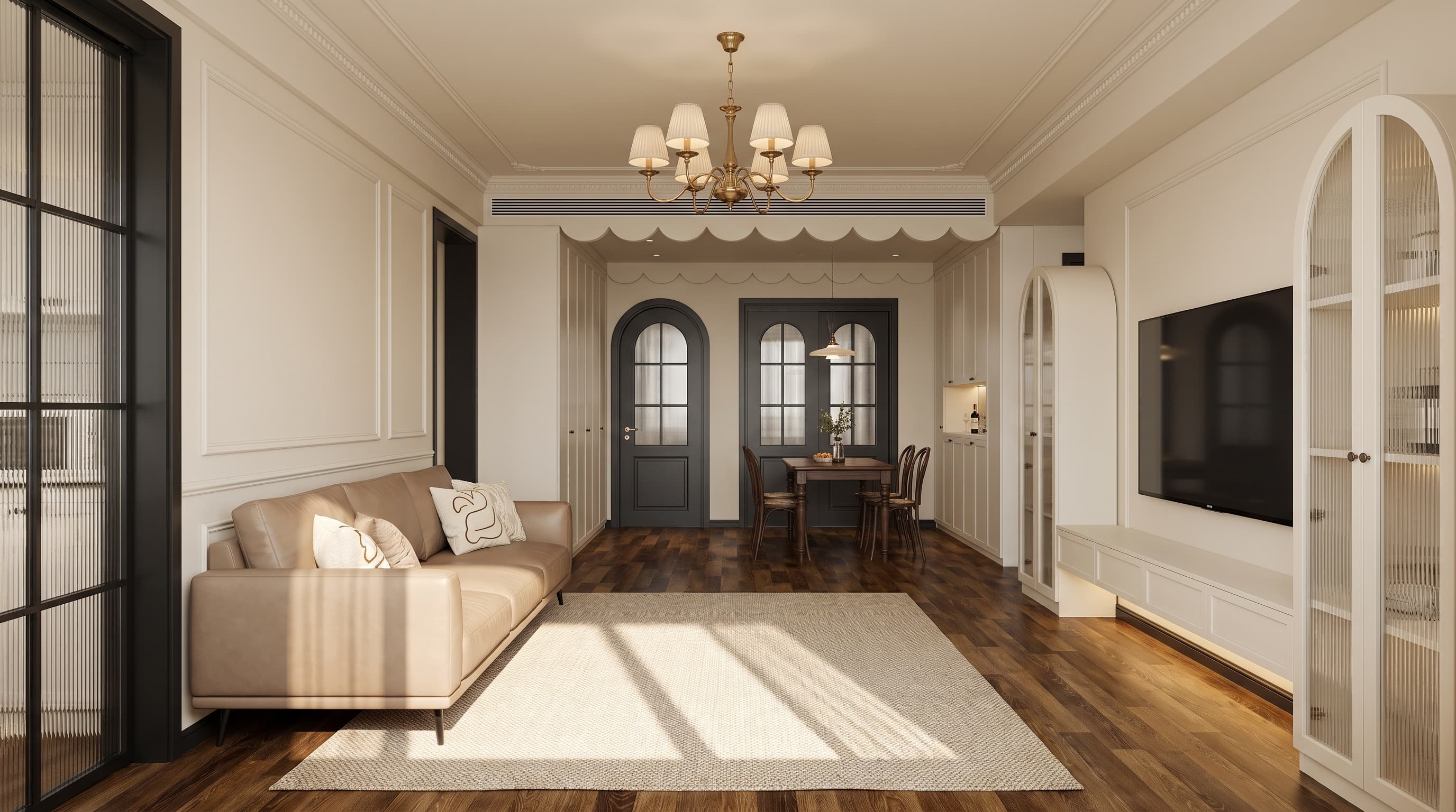 Bright contemporary interior featuring light honey-brown Daniel Oak flooring with varied multi-strip grain and a natural, welcoming atmosphere