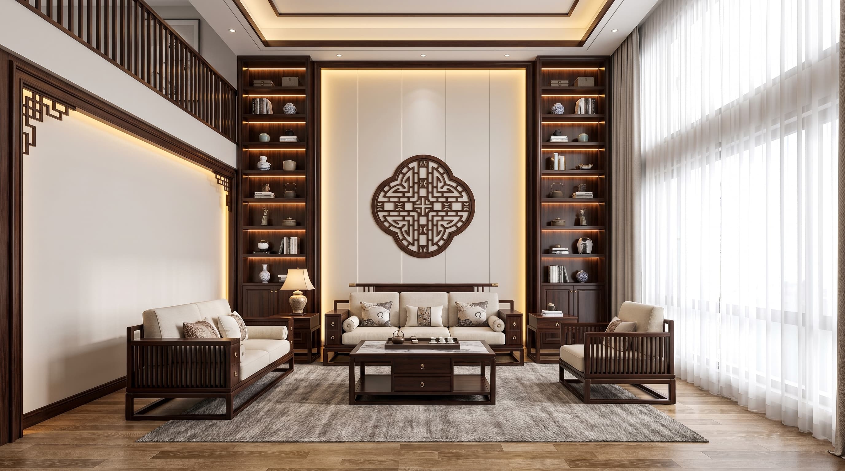 Warm modern-classic interior featuring deep tobacco-brown Daniel Oak flooring with expressive multi-strip grain and a rich, grounded atmosphere