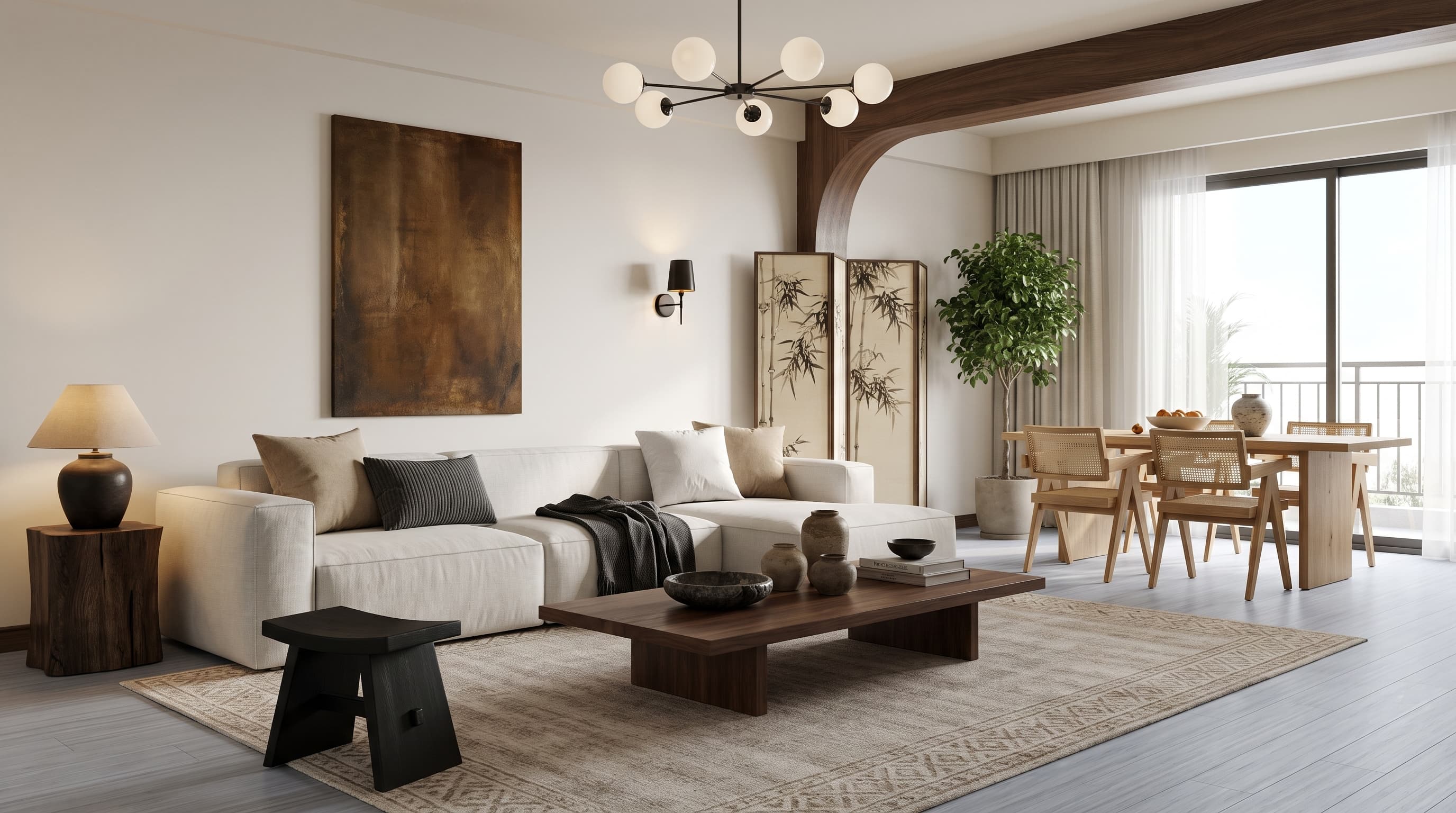 Contemporary interior featuring cool pale-grey Rivers Bamboo Pattern flooring with fine vertical grain