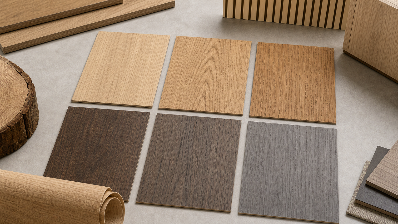 Oak decorative paper texture samples in light oak, natural oak, smoked oak and grey oak finishes.png